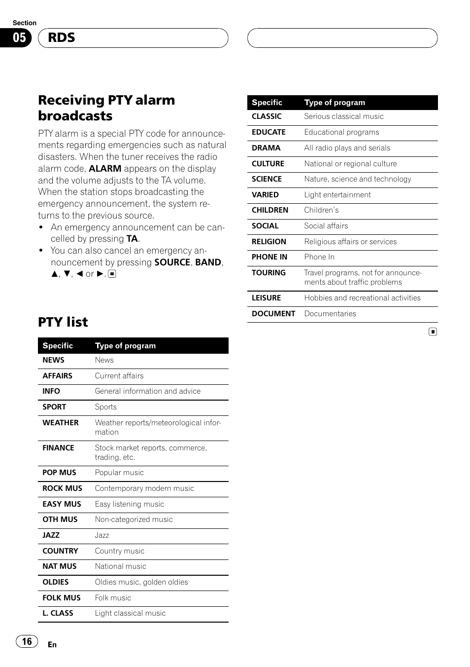 Receiving pty alarm broadcasts 16, Pty list 16, Receiving pty alarm broadcasts | Pty list | Pioneer DEH-P6700MP User Manual | Page 16 / 108
