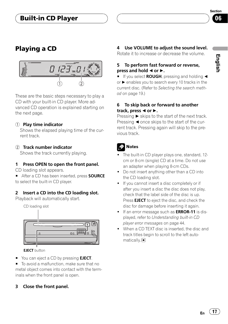 Built-in cdplayer, Playing a cd 17, Playing a cd | Built-in cd player | Pioneer DEH-P6700MP User Manual | Page 17 / 108