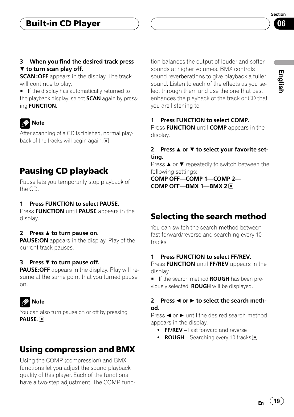 Pausing cd playback 19, Using compression and bmx 19, Selecting the search method 19 | Pausing cd playback, Using compression and bmx, Selecting the search method, Built-in cd player | Pioneer DEH-P6700MP User Manual | Page 19 / 108