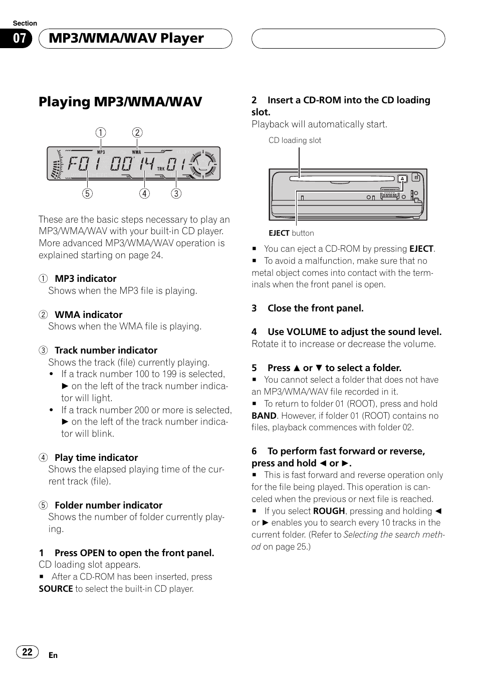 Mp3/wma/wav player, Playing mp3/wma/wav 22, Playing mp3/wma/wav | Pioneer DEH-P6700MP User Manual | Page 22 / 108
