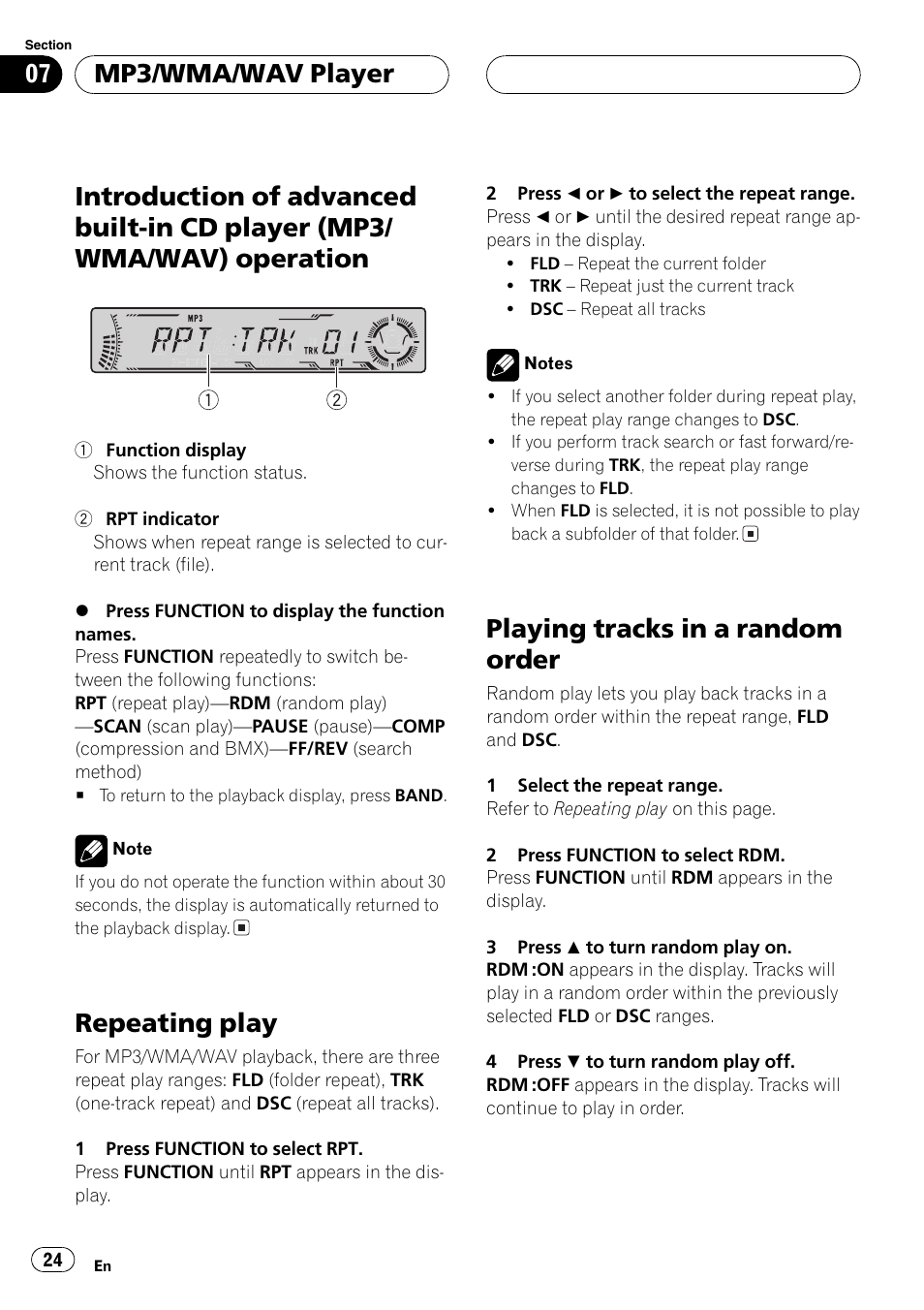 Introduction of advanced built-in cd player, Mp3/wma/wav) operation 24, Repeating play 24 | Playing tracks in a random order 24, Repeating play, Playing tracks in a random order, Mp3/wma/wav player | Pioneer DEH-P6700MP User Manual | Page 24 / 108