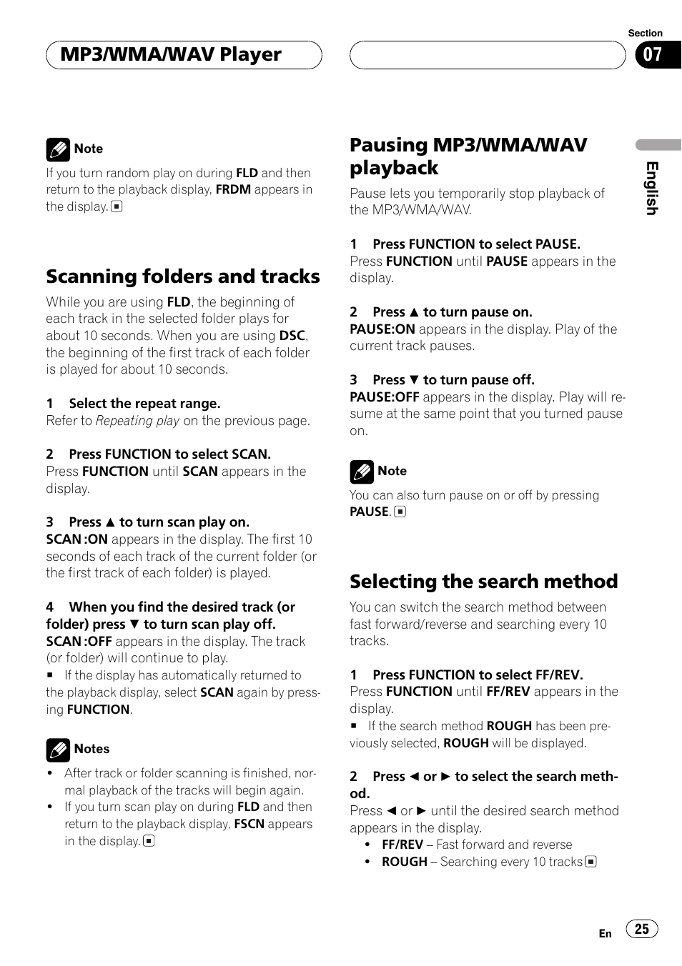 Scanning folders and tracks 25, Pausing mp3/wma/wav playback 25, Selecting the search method 25 | Scanning folders and tracks, Pausing mp3/wma/wav playback, Selecting the search method, Mp3/wma/wav player | Pioneer DEH-P6700MP User Manual | Page 25 / 108