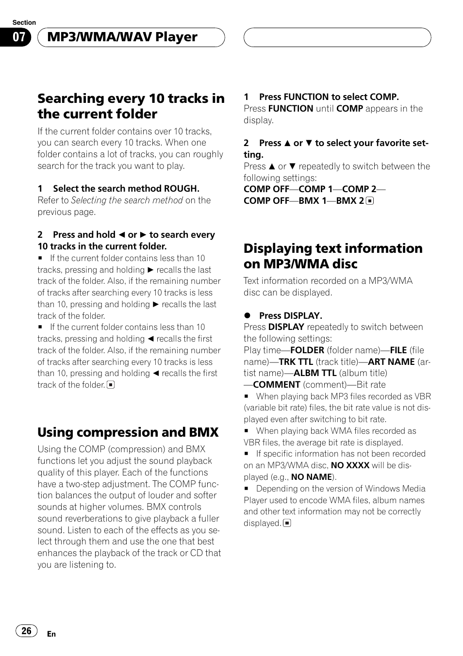 Searching every 10 tracks in the current, Folder 26, Using compression and bmx 26 | Displaying text information on mp3/wma, Disc 26, Searching every 10 tracks in the current folder, Using compression and bmx, Displaying text information on mp3/wma disc, Mp3/wma/wav player | Pioneer DEH-P6700MP User Manual | Page 26 / 108