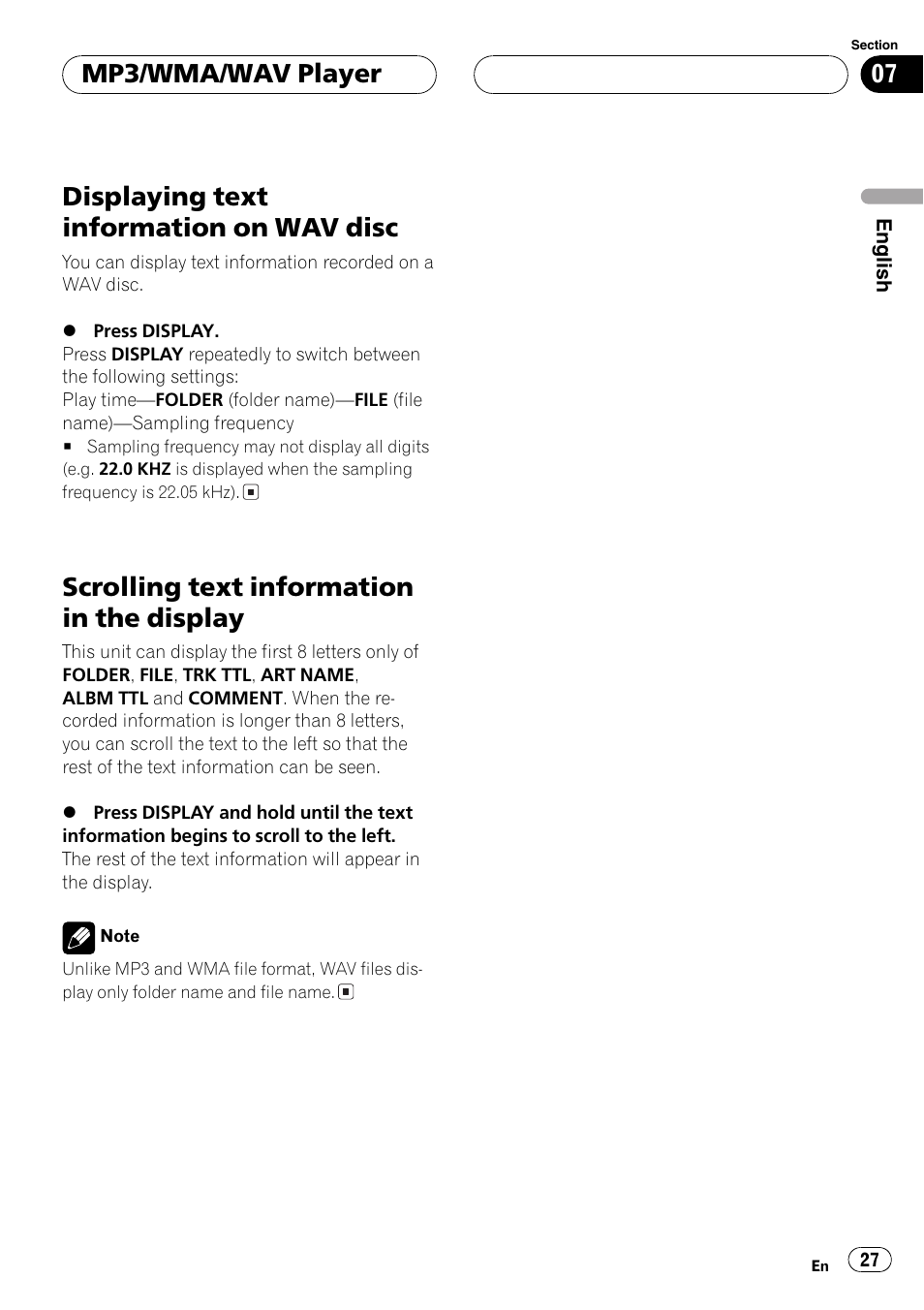 Displaying text information on wav disc 27, Scrolling text information in the display 27, Displaying text information on wav disc | Scrolling text information in the display, Mp3/wma/wav player | Pioneer DEH-P6700MP User Manual | Page 27 / 108