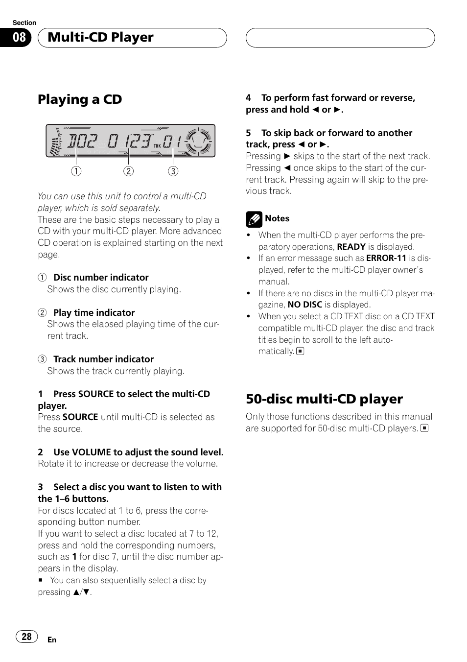 Multi-cdplayer, Playing a cd 28, Disc multi-cd player 28 | Playing a cd, Disc multi-cd player, Multi-cd player | Pioneer DEH-P6700MP User Manual | Page 28 / 108