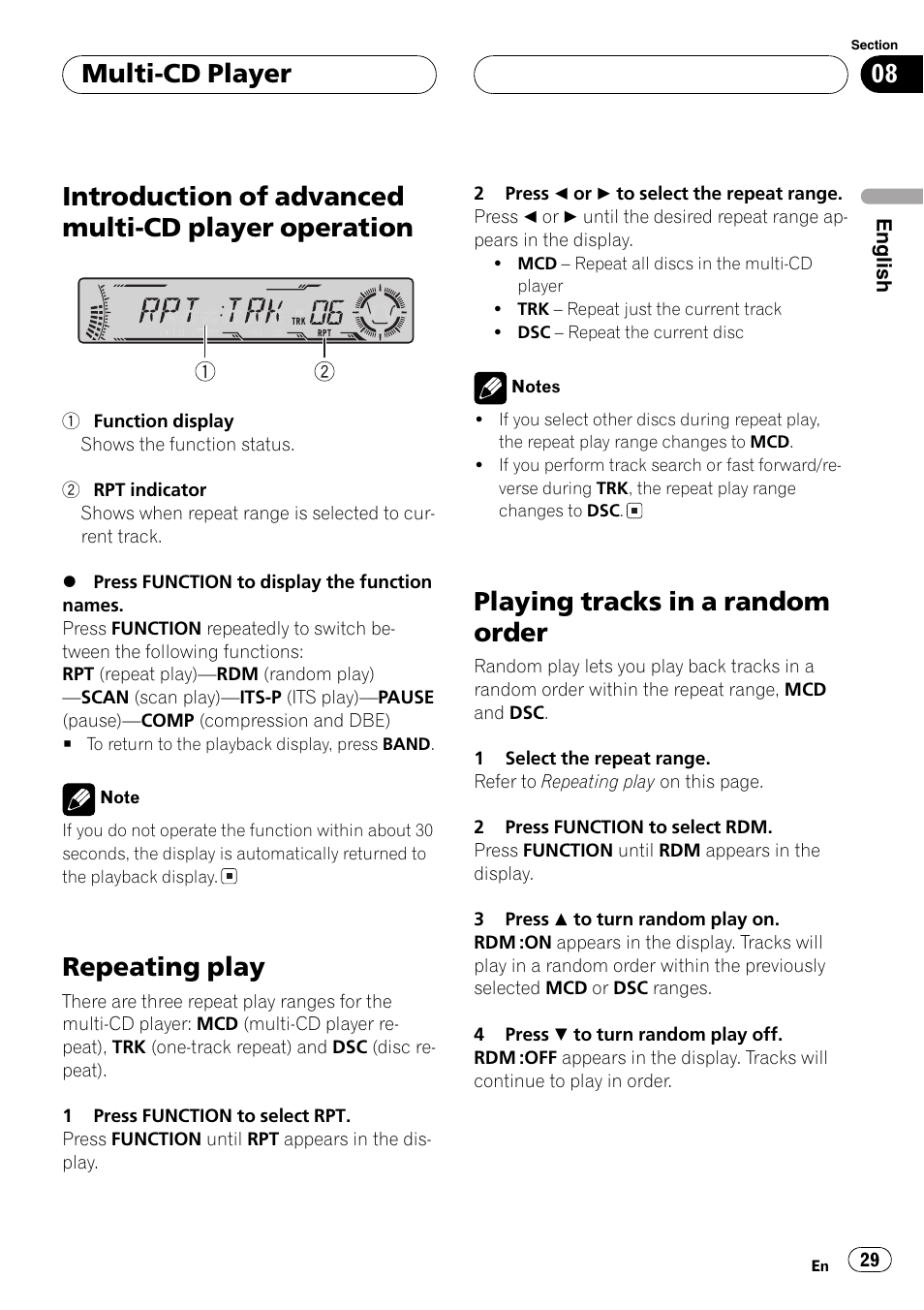 Introduction of advanced multi-cd player, Operation 29, Repeating play 29 | Playing tracks in a random order 29, Introduction of advanced multi-cd player operation, Repeating play, Playing tracks in a random order, Multi-cd player | Pioneer DEH-P6700MP User Manual | Page 29 / 108