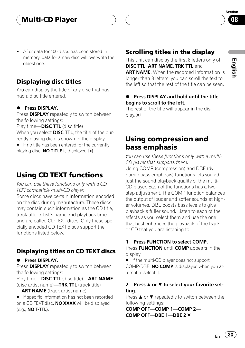 Displaying disc titles 33, Using cd text functions 33, Displaying titles on cd text | Discs 33, Scrolling titles in the display 33, Using compression and bass emphasis 33, Using cd text functions, Using compression and bass emphasis, Multi-cd player | Pioneer DEH-P6700MP User Manual | Page 33 / 108