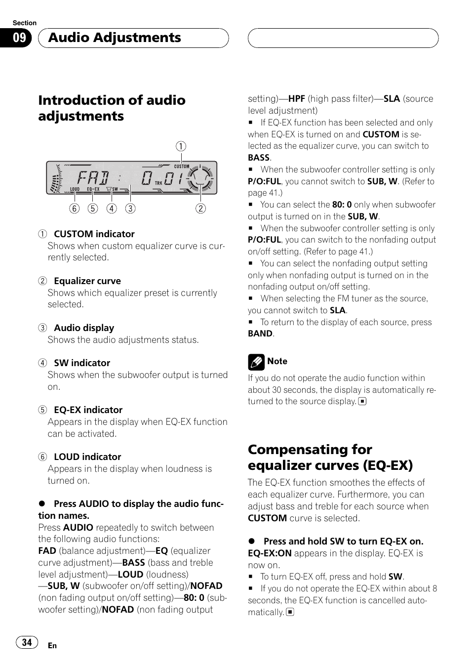 Audio adjustments, Introduction of audio adjustments 34, Compensating for equalizer curves (eq | Ex) 34, Compensating for equalizer, Introduction of audio adjustments, Compensating for equalizer curves (eq-ex) | Pioneer DEH-P6700MP User Manual | Page 34 / 108