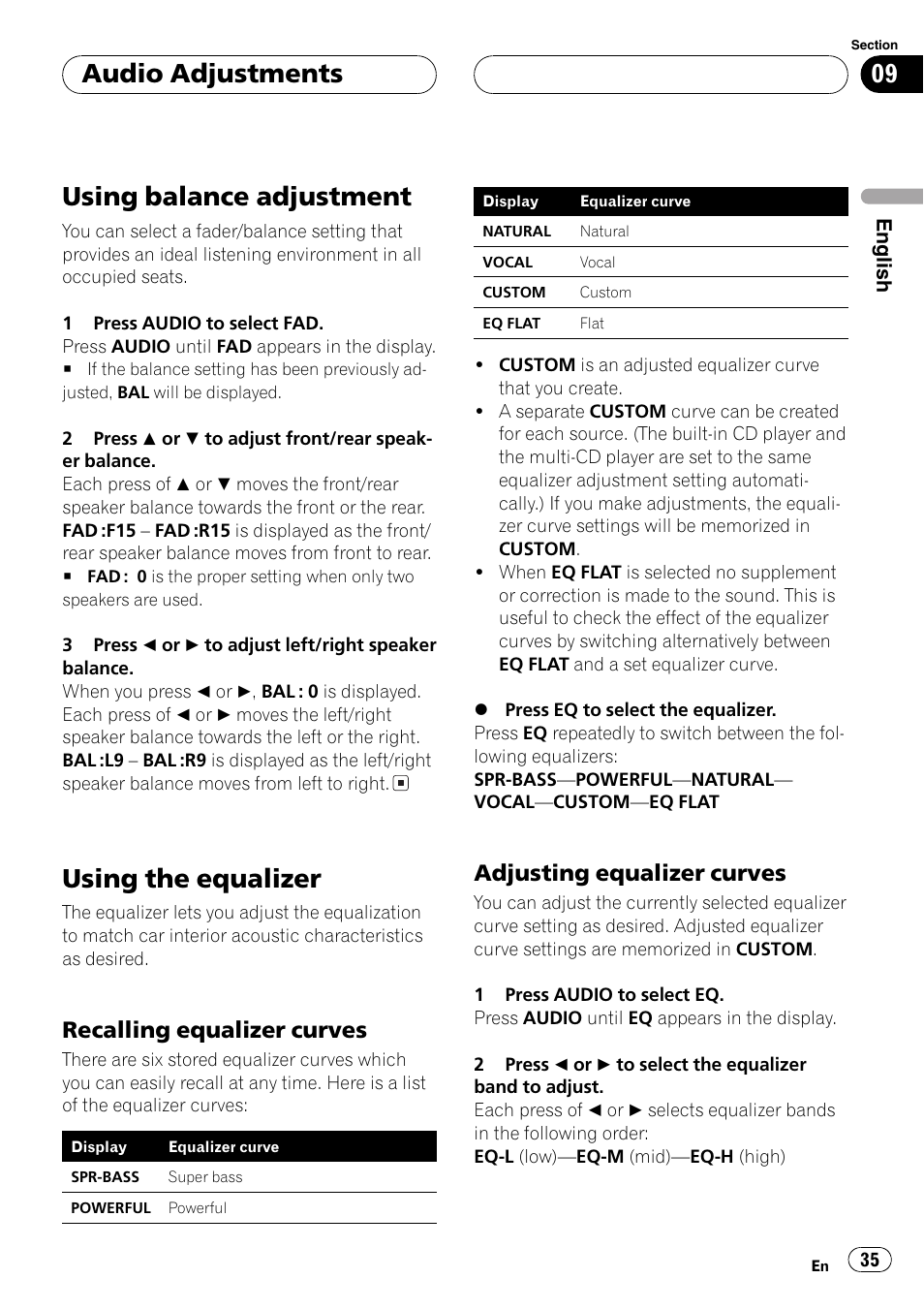 Using balance adjustment 35, Using the equalizer 35, Recalling equalizer curves 35 | Adjusting equalizer curves 35, Using balance adjustment, Using the equalizer, Audio adjustments, Recalling equalizer curves, Adjusting equalizer curves | Pioneer DEH-P6700MP User Manual | Page 35 / 108