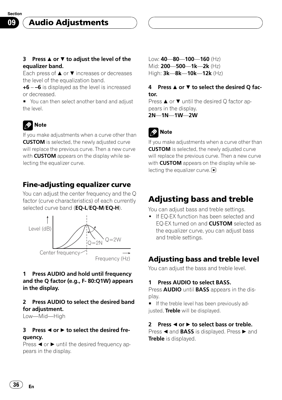Fine-adjusting equalizer curve 36, Adjusting bass and treble 36, Adjusting bass and treble level 36 | Adjusting bass and treble, Audio adjustments, Fine-adjusting equalizer curve, Adjusting bass and treble level | Pioneer DEH-P6700MP User Manual | Page 36 / 108