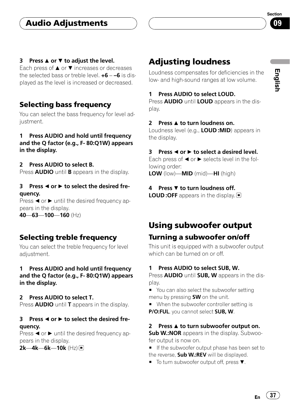 Selecting bass frequency 37, Selecting treble frequency 37, Adjusting loudness 37 | Using subwoofer output 37, Turning a subwoofer on/off 37, Adjusting loudness, Using subwoofer output, Audio adjustments | Pioneer DEH-P6700MP User Manual | Page 37 / 108