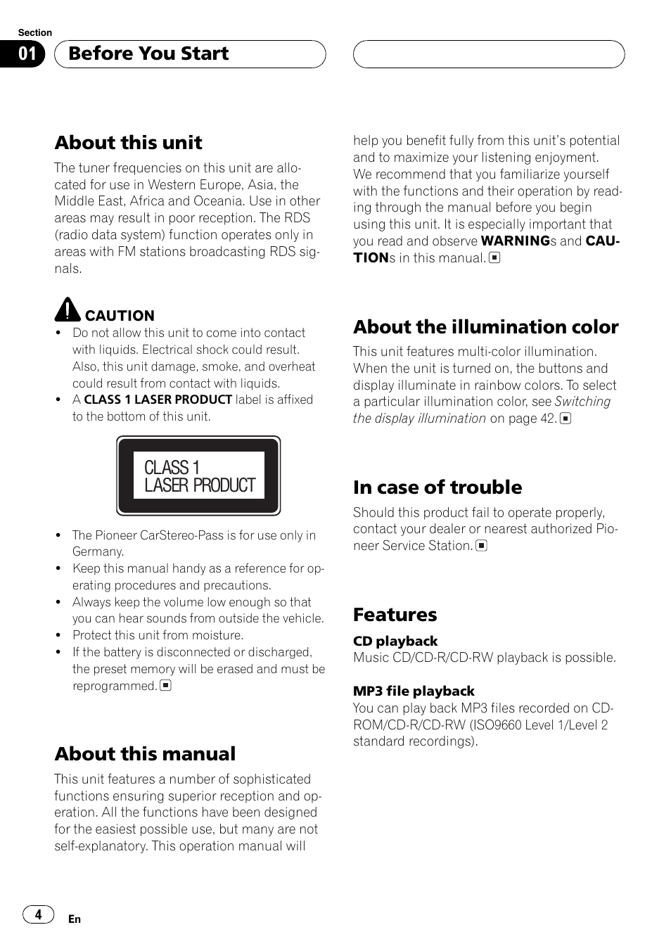 Before you start about this unit 4, About this manual 4, About the illumination color 4 | In case of trouble 4, Features 4, About this unit, About this manual, About the illumination color, Features, Before you start | Pioneer DEH-P6700MP User Manual | Page 4 / 108