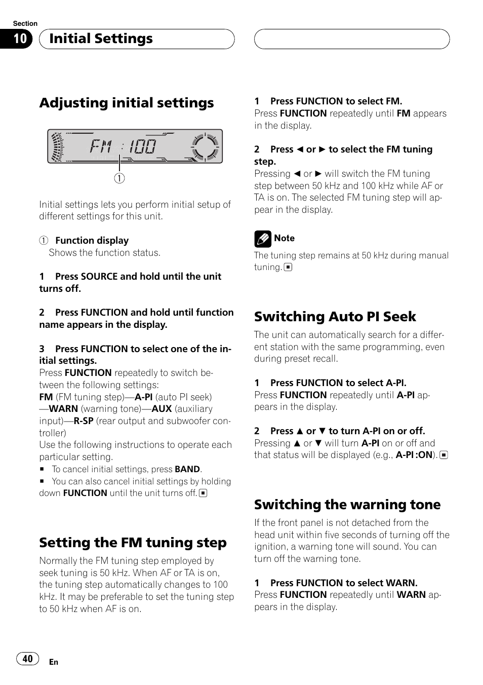 Initial settings, Adjusting initial settings 40, Setting the fm tuning step 40 | Switching auto pi seek 40, Switching the warning tone 40, Adjusting initial settings, Setting the fm tuning step, Switching auto pi seek, Switching the warning tone | Pioneer DEH-P6700MP User Manual | Page 40 / 108