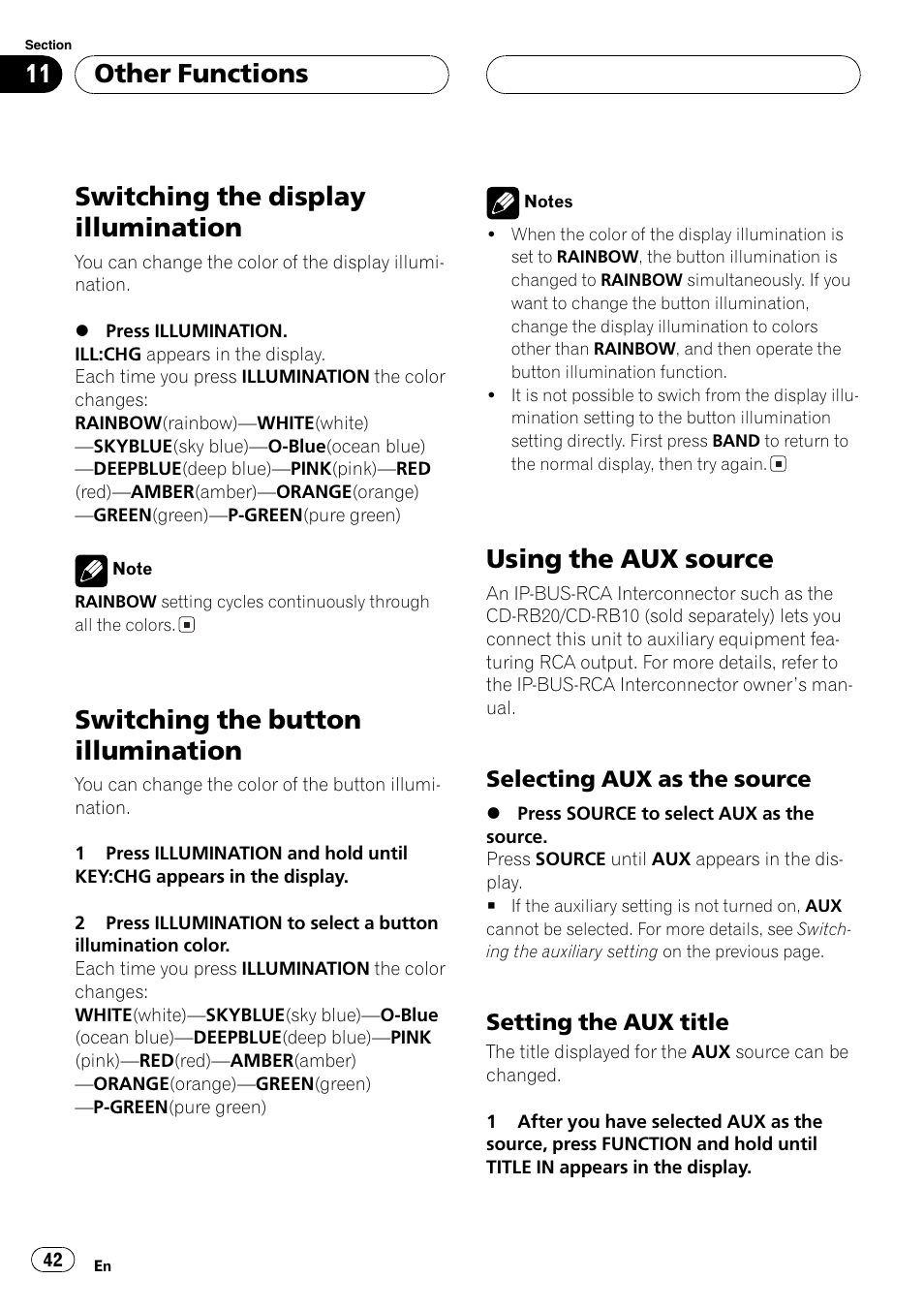 Other functions, Switching the display illumination 42, Switching the button illumination 42 | Using the aux source 42, Selecting aux as the source 42, Setting the aux title 42, Switching the display illumination, Switching the button illumination, Using the aux source | Pioneer DEH-P6700MP User Manual | Page 42 / 108
