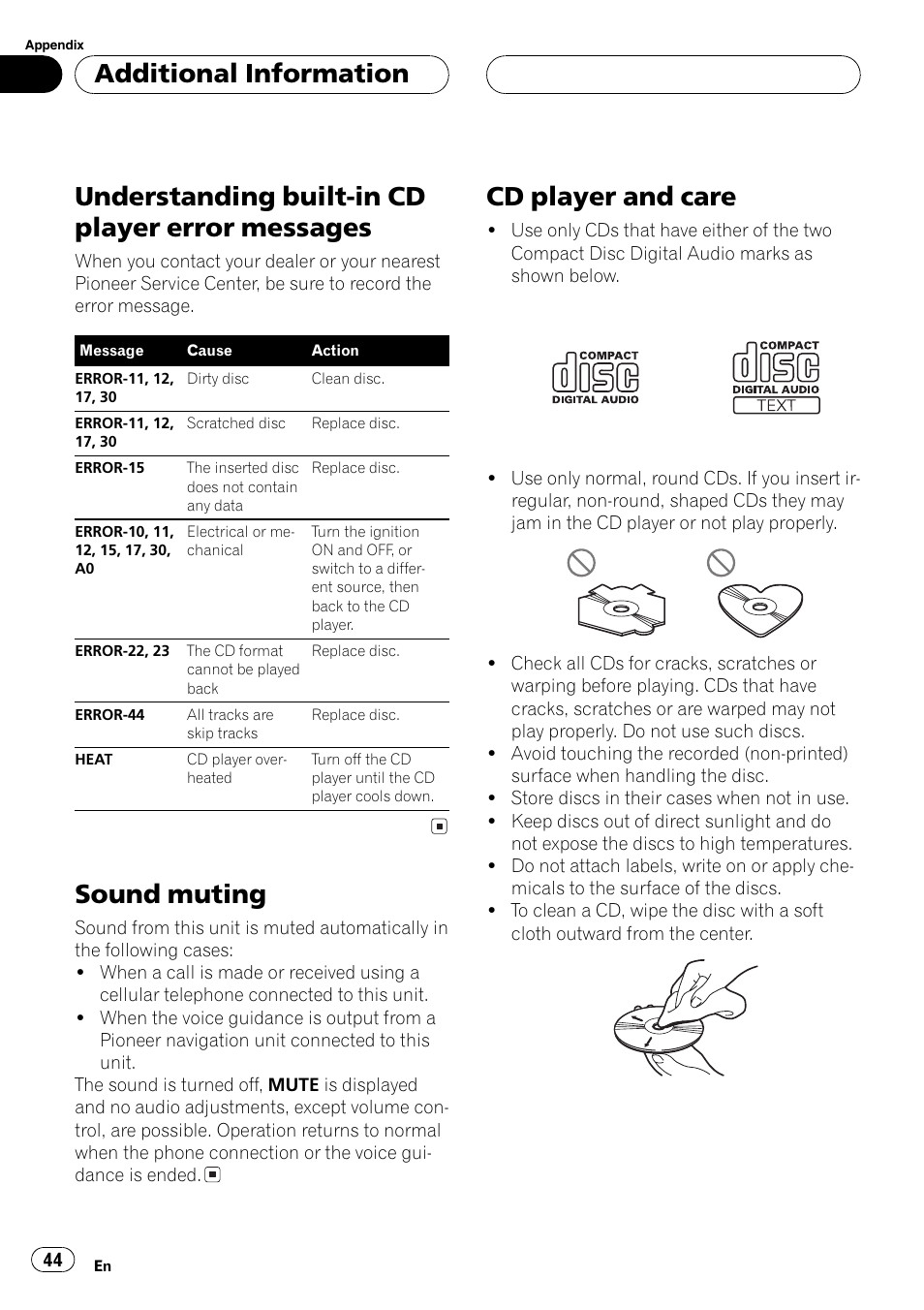 Additional information, Understanding built-in cd player error, Messages 44 | Sound muting 44, Cd player and care 44, Understanding built-in cd player error messages, Sound muting, Cd player and care | Pioneer DEH-P6700MP User Manual | Page 44 / 108