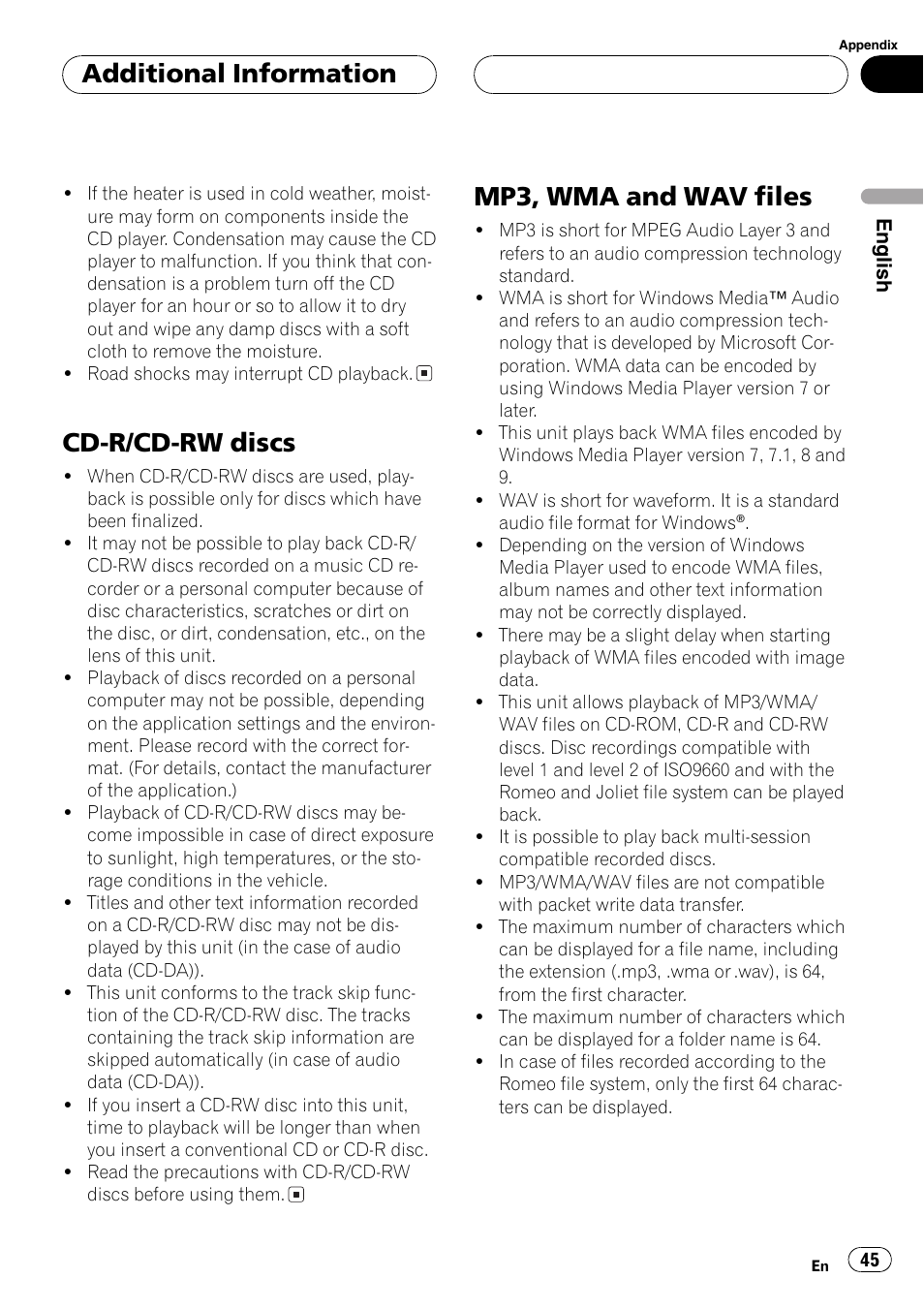 Cd-r/cd-rw discs 45, Mp3, wma and wav files 45, Cd-r/cd-rw discs | Mp3, wma and wav files, Additional information | Pioneer DEH-P6700MP User Manual | Page 45 / 108