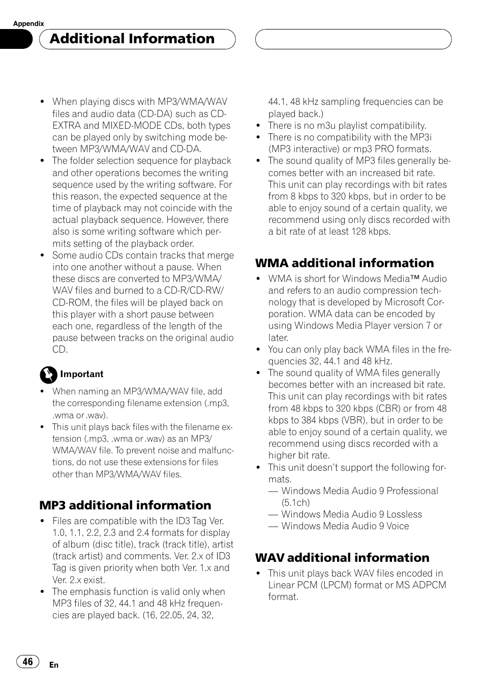 Mp3 additional information 46, Wma additional information 46, Wav additional information 46 | Additional information, Mp3 additional information, Wma additional information, Wav additional information | Pioneer DEH-P6700MP User Manual | Page 46 / 108