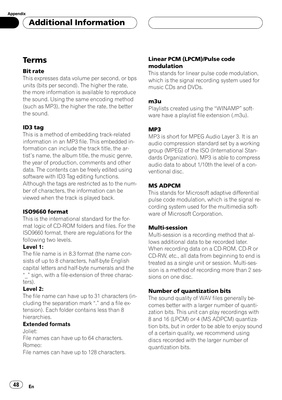 Terms 48, Terms, Additional information | Pioneer DEH-P6700MP User Manual | Page 48 / 108