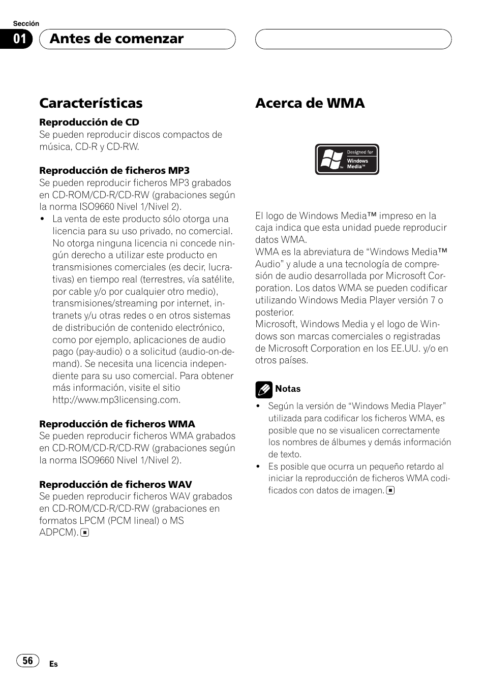 Características 56, Acerca de wma 56, Características | Acerca de wma, Antes de comenzar | Pioneer DEH-P6700MP User Manual | Page 56 / 108