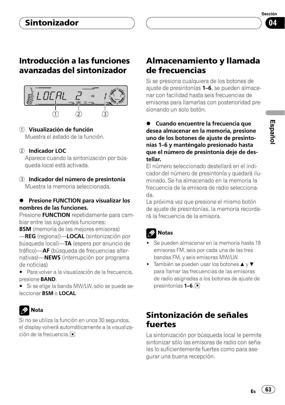 Introducción a las funciones avanzadas del, Sintonizador 63, Almacenamiento y llamada de | Frecuencias 63, Sintonización de señales fuertes 63, Almacenamiento y llamada de frecuencias, Sintonización de señales fuertes, Sintonizador | Pioneer DEH-P6700MP User Manual | Page 63 / 108