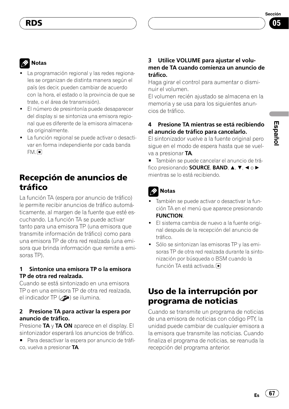 Recepción de anuncios de tráfico 67, Uso de la interrupción por programa de, Noticias 67 | Recepción de anuncios de tráfico, Uso de la interrupción por programa de noticias | Pioneer DEH-P6700MP User Manual | Page 67 / 108