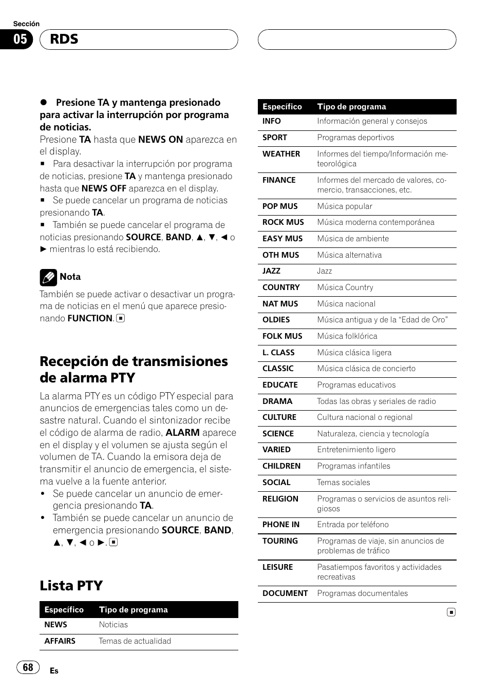 Recepción de transmisiones de alarma, Pty 68, Lista pty 68 | Recepción de transmisiones de alarma pty, Lista pty | Pioneer DEH-P6700MP User Manual | Page 68 / 108