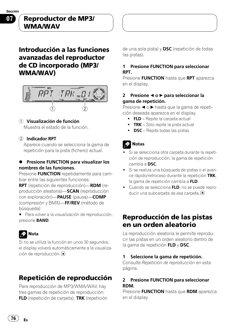 Introducción a las funciones avanzadas del, Reproductor de cd incorporado (mp3, Wma/wav) 76 | Repetición de reproducción 76, Reproducción de las pistas en un orden, Aleatorio 76, Repetición de reproducción, Reproducción de las pistas en un orden aleatorio, Reproductor de mp3/ wma/wav | Pioneer DEH-P6700MP User Manual | Page 76 / 108