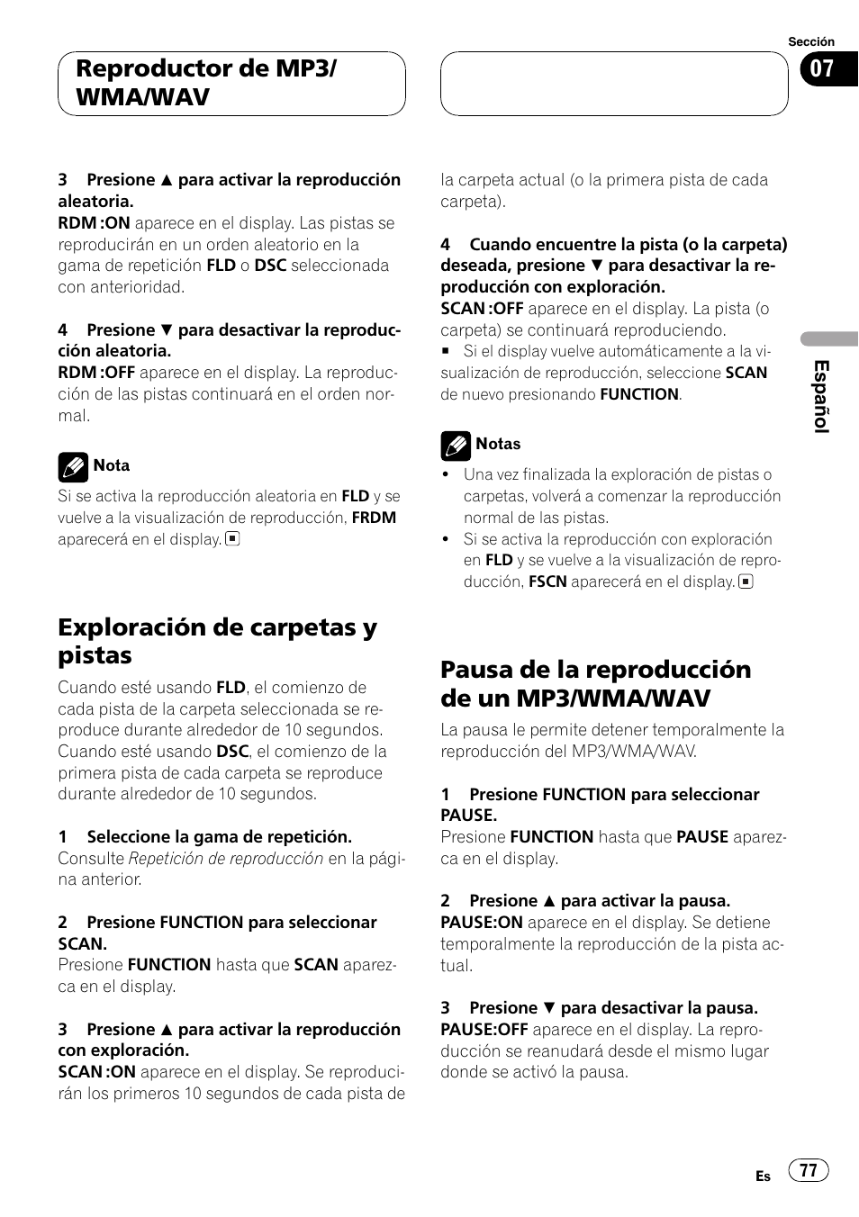 Exploración de carpetas y pistas 77, Pausa de la reproducción de un mp3/wma, Wav 77 | Exploración de carpetas y pistas, Pausa de la reproducción de un mp3/wma/wav, Reproductor de mp3/ wma/wav | Pioneer DEH-P6700MP User Manual | Page 77 / 108