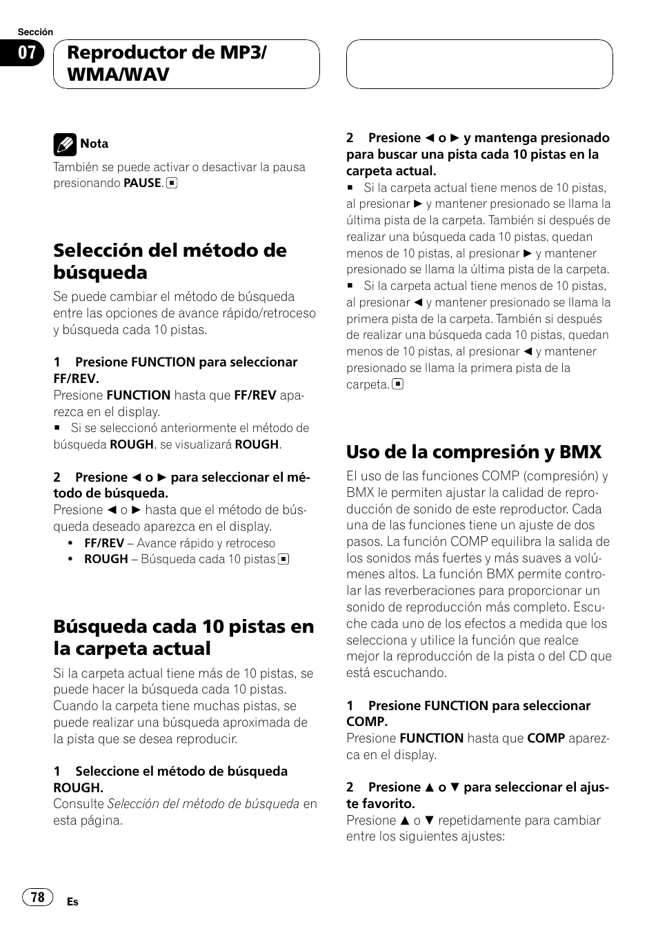 Selección del método de búsqueda 78, Búsqueda cada 10 pistas en la carpeta, Actual 78 | Uso de la compresión y bmx 78, Selección del método de búsqueda, Búsqueda cada 10 pistas en la carpeta actual, Uso de la compresión y bmx, Reproductor de mp3/ wma/wav | Pioneer DEH-P6700MP User Manual | Page 78 / 108