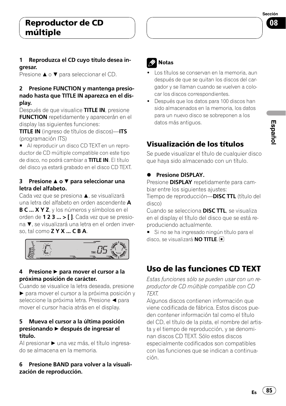 Visualización de los títulos 85, Uso de las funciones cd text 85, Uso de las funciones cd text | Reproductor de cd múltiple, Visualización de los títulos | Pioneer DEH-P6700MP User Manual | Page 85 / 108