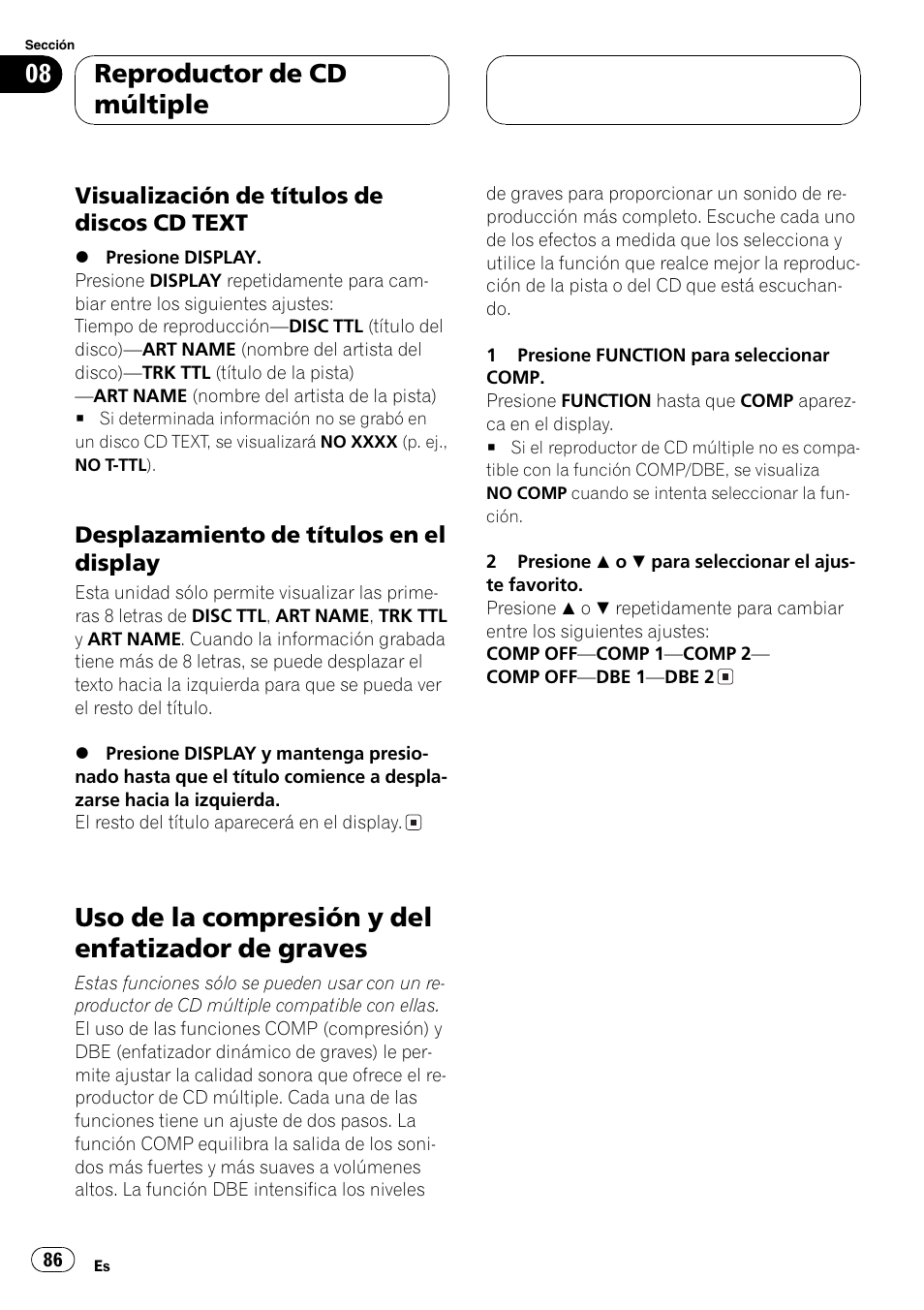 Visualización de títulos de discos cd, Text 86, Desplazamiento de títulos en el | Display 86, Uso de la compresión y del enfatizador de, Graves 86, Uso de la compresión y del enfatizador de graves, Reproductor de cd múltiple | Pioneer DEH-P6700MP User Manual | Page 86 / 108