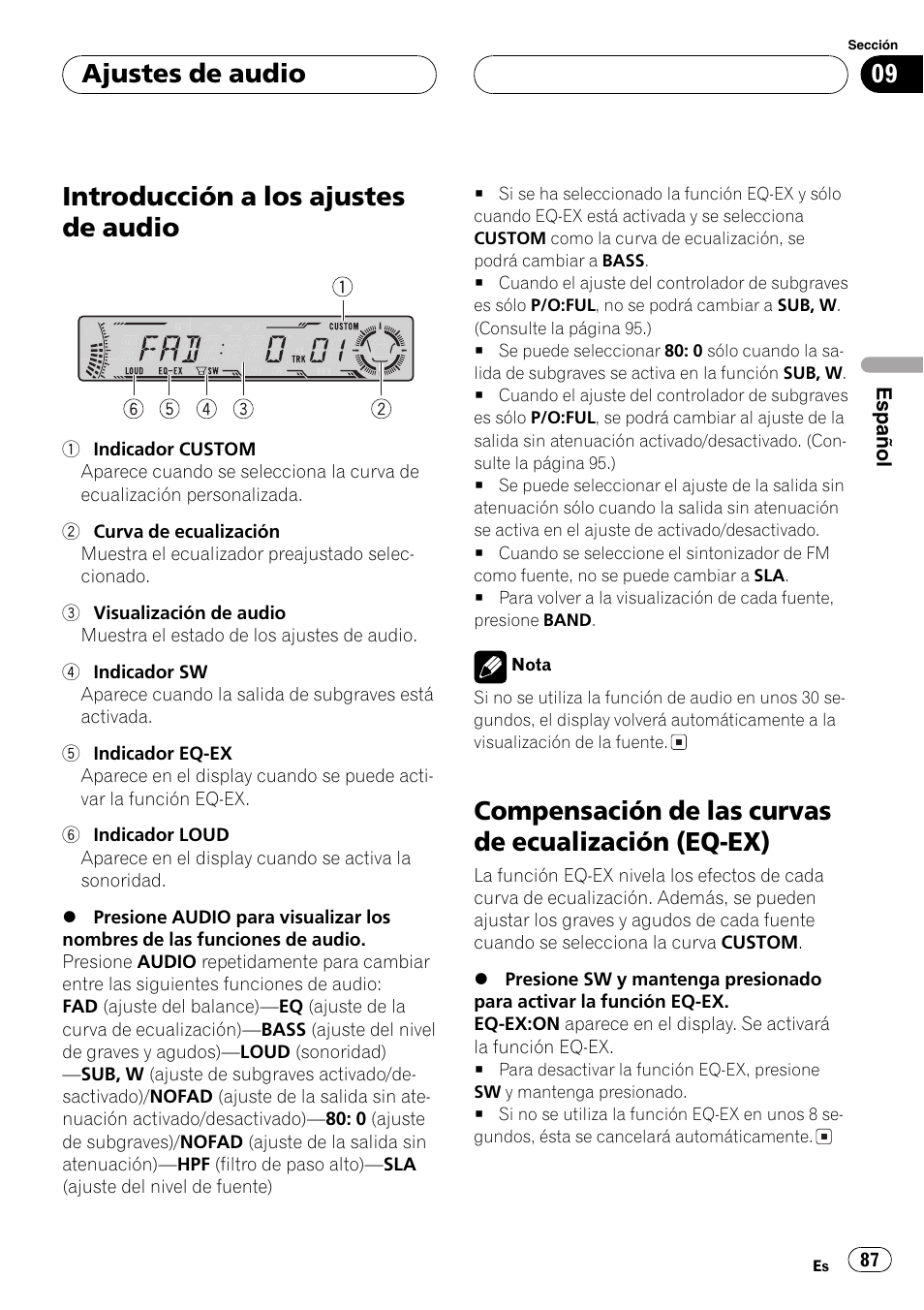 Ajustes de audio, Introducción a los ajustes de audio 87, Compensación de las curvas de ecualización | Eq-ex) 87, Compensación de las curvas de, Introducción a los ajustes de audio, Compensación de las curvas de ecualización (eq-ex) | Pioneer DEH-P6700MP User Manual | Page 87 / 108