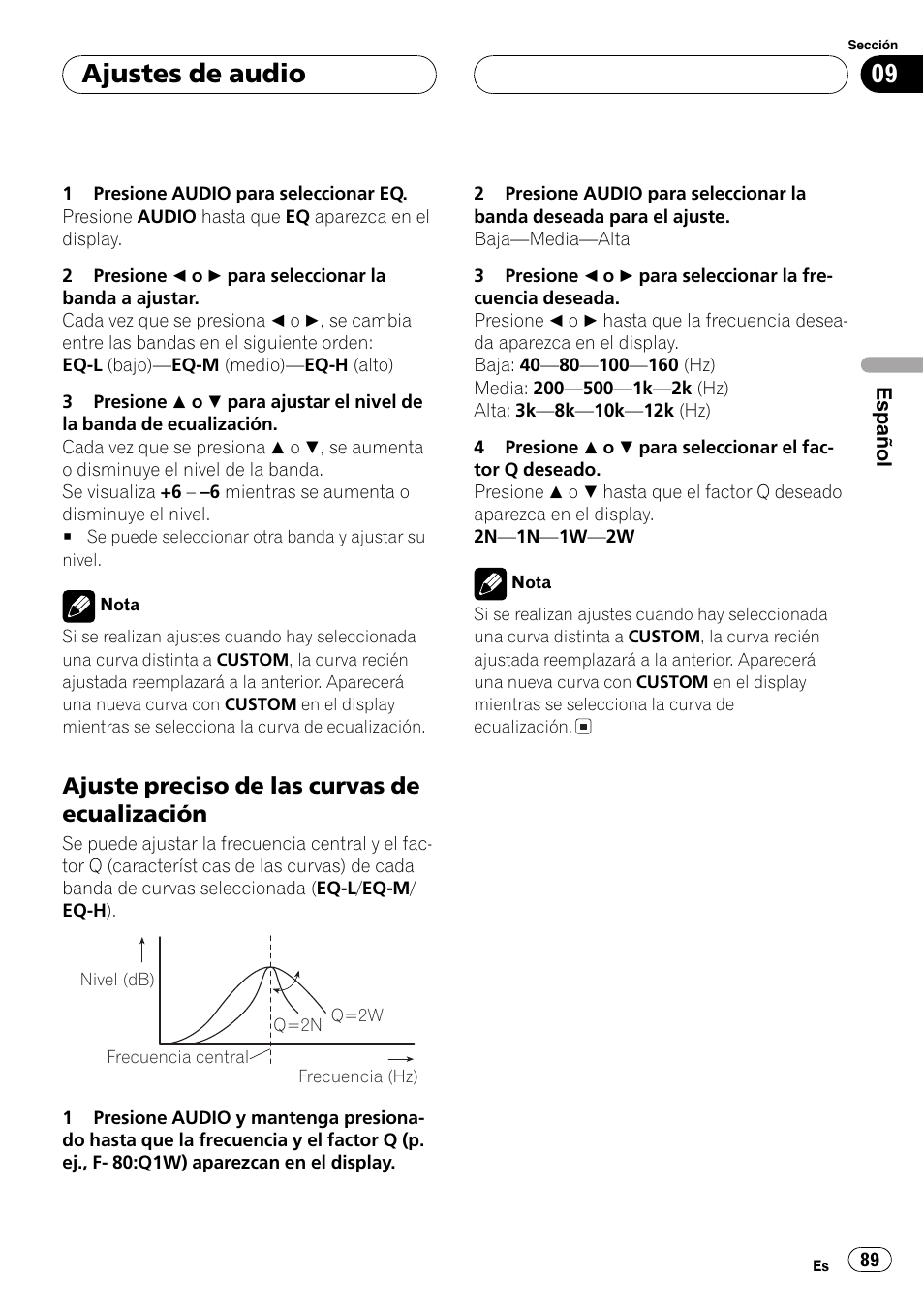 Ajuste preciso de las curvas de, Ecualización 89, Ajustes de audio | Ajuste preciso de las curvas de ecualización | Pioneer DEH-P6700MP User Manual | Page 89 / 108