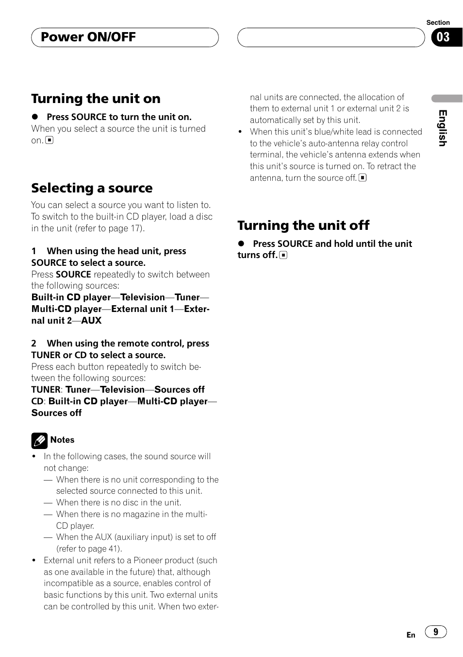 Power on/off, Turning the unit on 9, Selecting a source 9 | Turning the unit off 9, Turning the unit on, Selecting a source, Turning the unit off | Pioneer DEH-P6700MP User Manual | Page 9 / 108