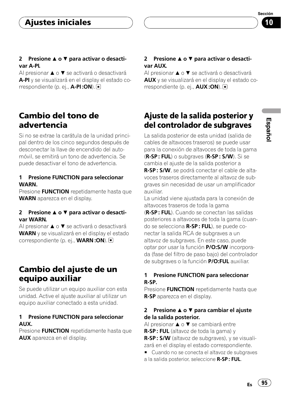 Cambio del tono de advertencia 95, Cambio del ajuste de un equipo auxiliar 95, Ajuste de la salida posterior y del controlador | De subgraves 95, Cambio del tono de advertencia, Cambio del ajuste de un equipo auxiliar, Ajustes iniciales | Pioneer DEH-P6700MP User Manual | Page 95 / 108