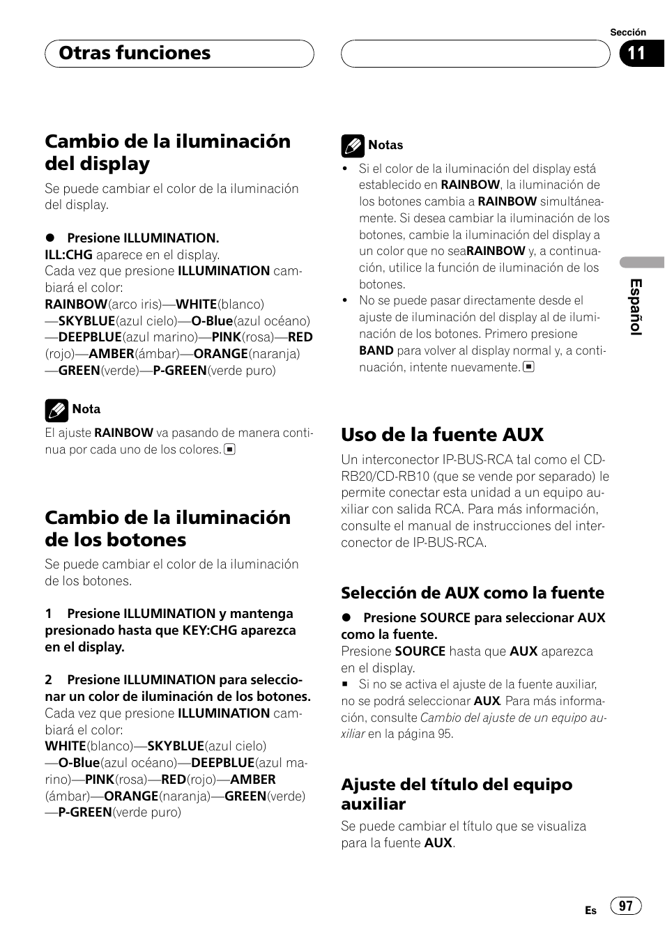 Otras funciones, Cambio de la iluminación del display 97, Cambio de la iluminación de los | Botones 97, Uso de la fuente aux 97, Selección de aux como la fuente 97, Ajuste del título del equipo, Auxiliar 97, Cambio de la iluminación del display, Cambio de la iluminación de los botones | Pioneer DEH-P6700MP User Manual | Page 97 / 108
