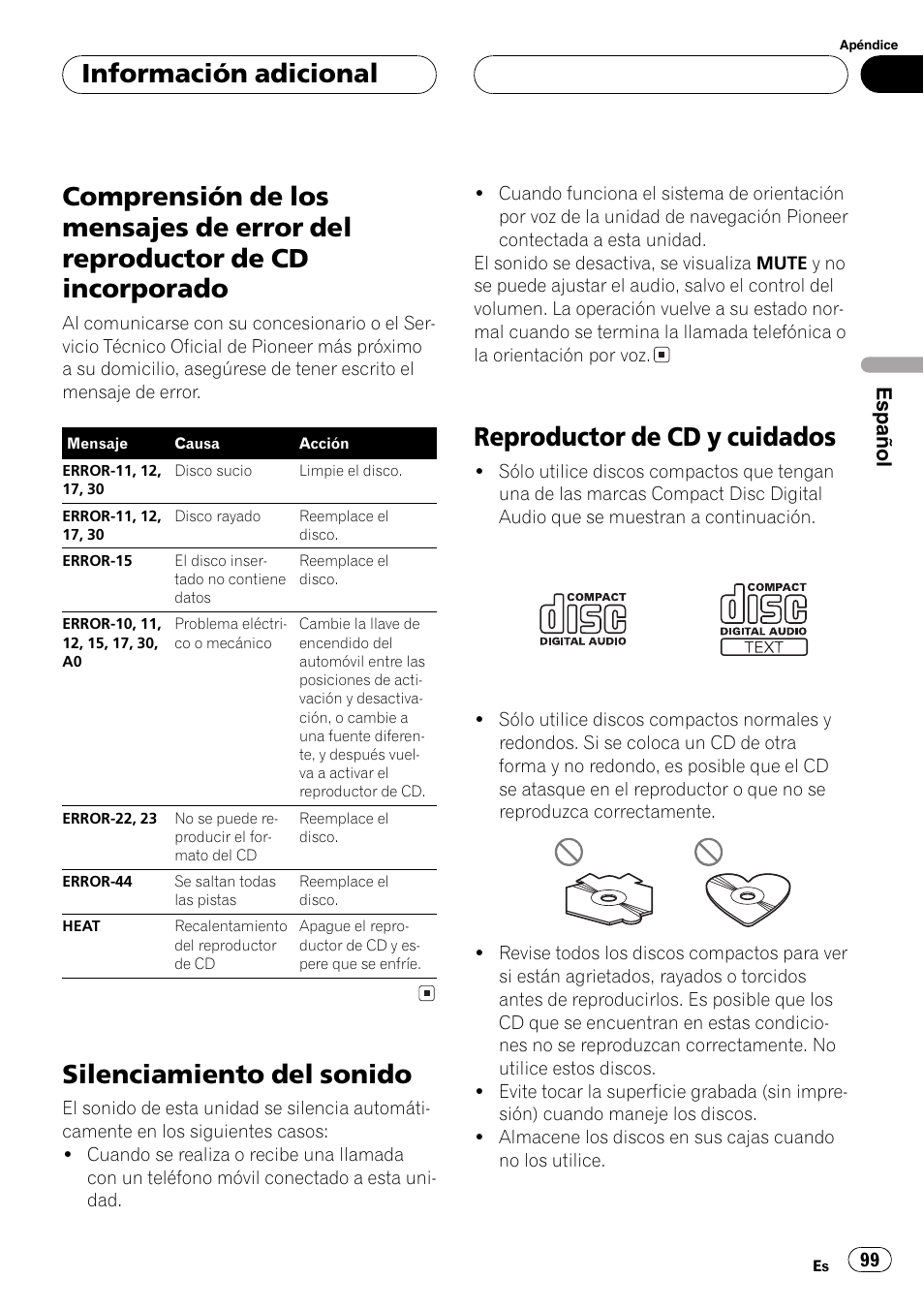 Información adicional, Comprensión de los mensajes de error del, Reproductor de cd incorporado 99 | Silenciamiento del sonido 99, Reproductor de cd y cuidados 99, Comprensión de los men, Sajes de error del reproductor de cd incorpora, Silenciamiento del sonido, Reproductor de cd y cuidados, Español | Pioneer DEH-P6700MP User Manual | Page 99 / 108