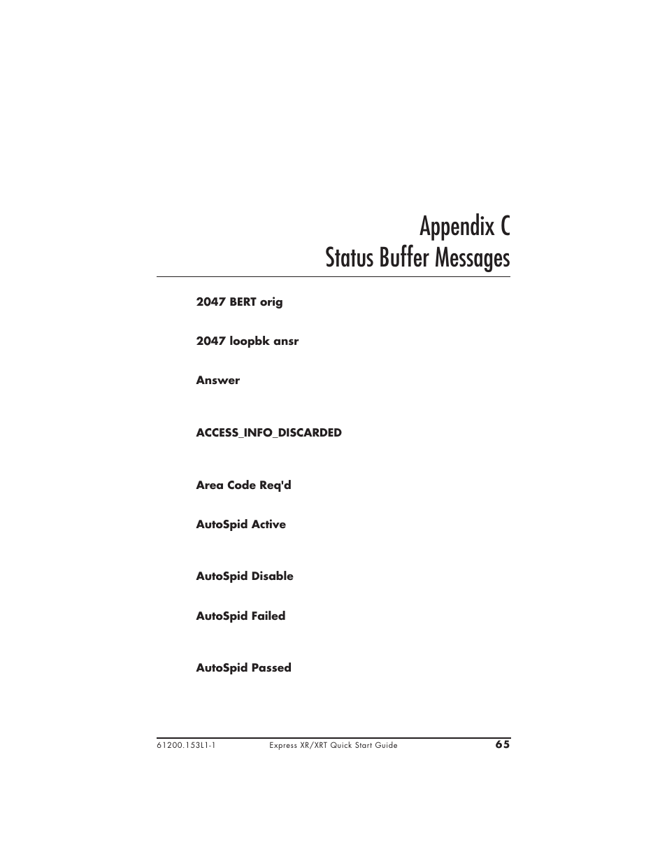 Appendix c status buffer messages | ADTRAN XRT User Manual | Page 77 / 94