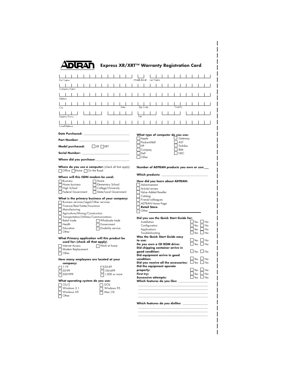 Express xr/xrt™ warranty registration card | ADTRAN XRT User Manual | Page 94 / 94