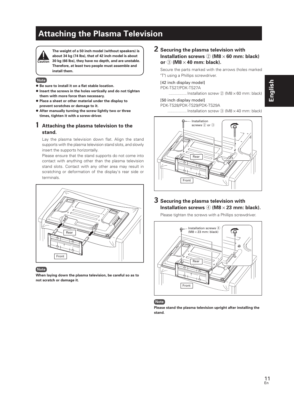 Attaching the plasma television, English | Pioneer PDK-TS27 User Manual | Page 11 / 64