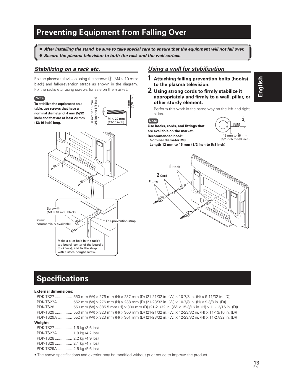 Preventing equipment from falling over, Specifications, English | Stabilizing on a rack etc, Using a wall for stabilization | Pioneer PDK-TS27 User Manual | Page 13 / 64