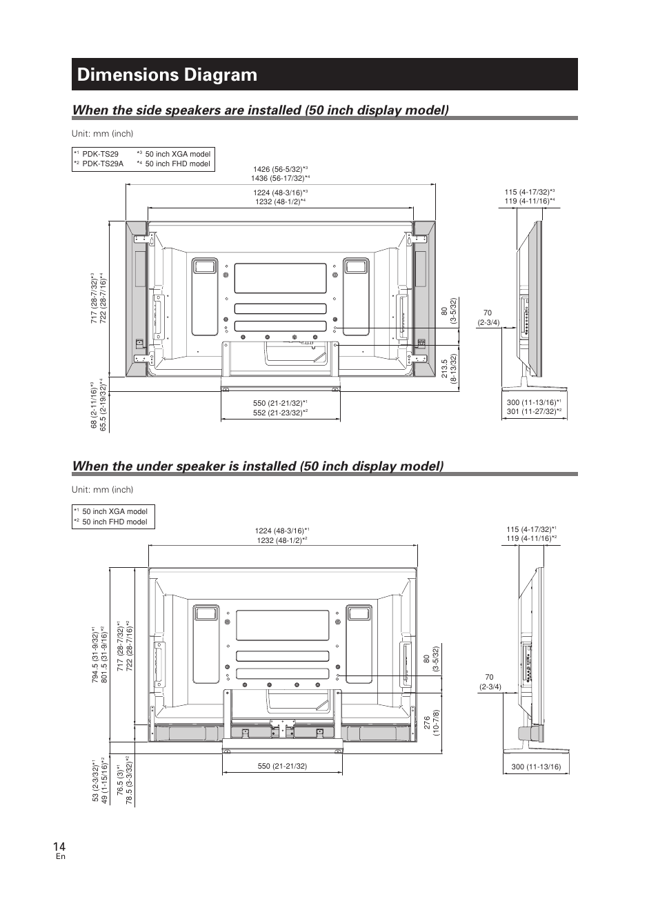 Dimensions diagram, Unit: mm (inch) | Pioneer PDK-TS27 User Manual | Page 14 / 64