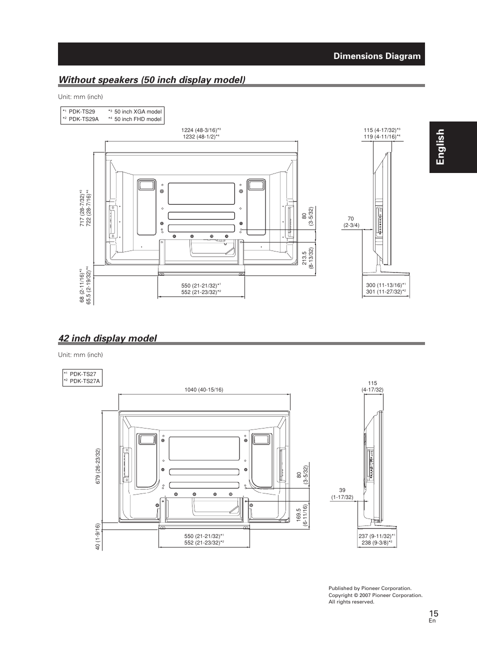 English, 42 inch display model, Without speakers (50 inch display model) | Dimensions diagram, Unit: mm (inch) | Pioneer PDK-TS27 User Manual | Page 15 / 64