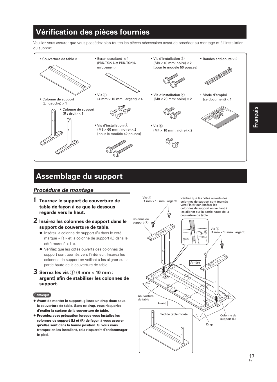 Vérification des pièces fournies, Assemblage du support, Français | Procédure de montage | Pioneer PDK-TS27 User Manual | Page 17 / 64