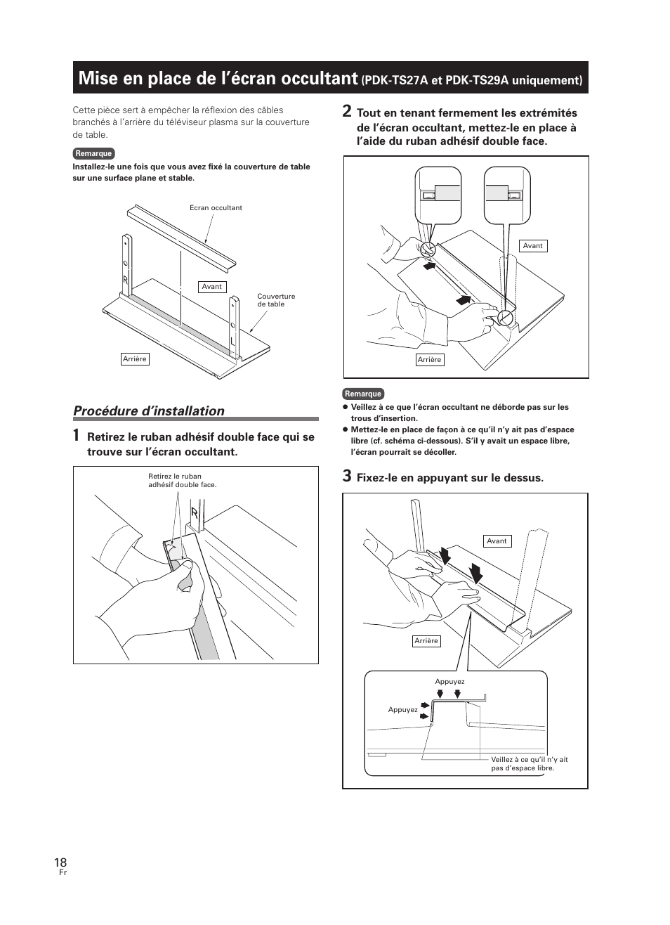 Mise en place de l’écran occultant, Pdk-ts27a et pdk-ts29a uniquement), Procédure d’installation | Pioneer PDK-TS27 User Manual | Page 18 / 64