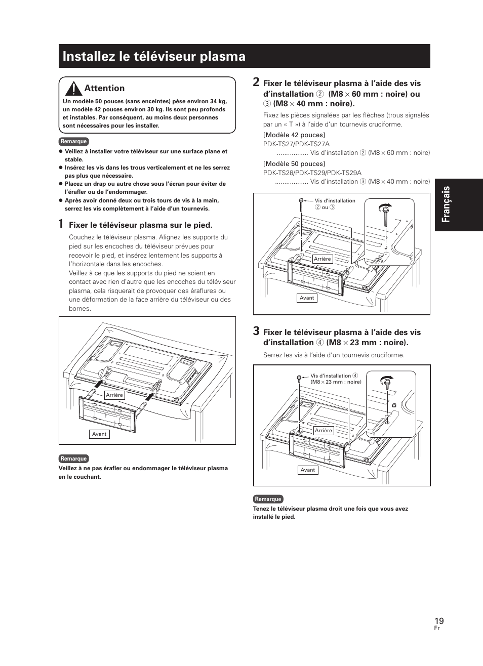 Installez le téléviseur plasma, Fran çais, Attention | Pioneer PDK-TS27 User Manual | Page 19 / 64