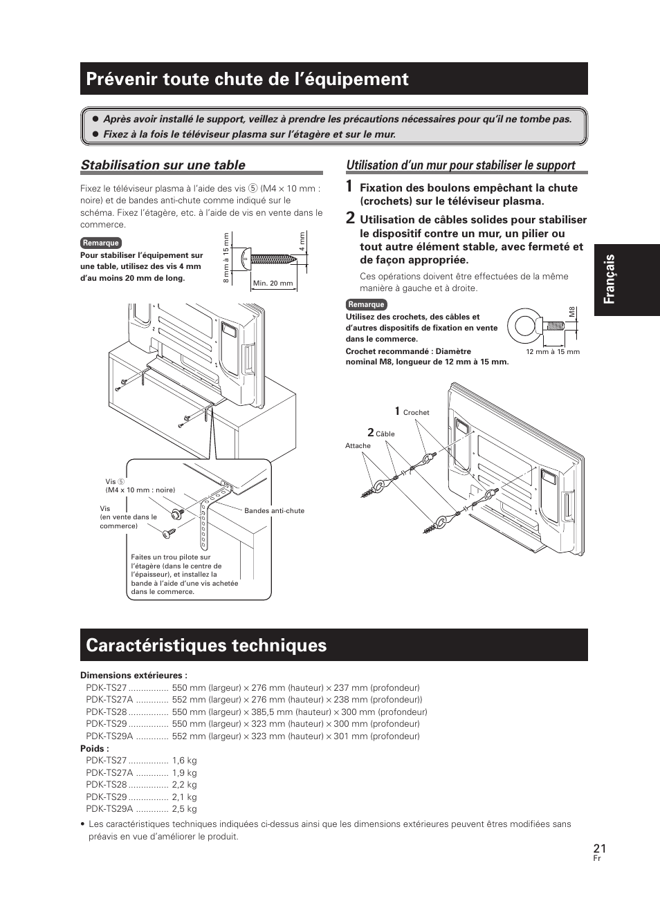 Prévenir toute chute de l’équipement, Caractéristiques techniques, Fran çais | Stabilisation sur une table, Utilisation d’un mur pour stabiliser le support | Pioneer PDK-TS27 User Manual | Page 21 / 64