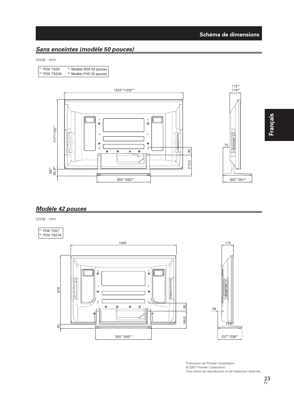 Français, Modèle 42 pouces, Sans enceintes (modèle 50 pouces) | Schéma de dimensions, Unité : mm | Pioneer PDK-TS27 User Manual | Page 23 / 64
