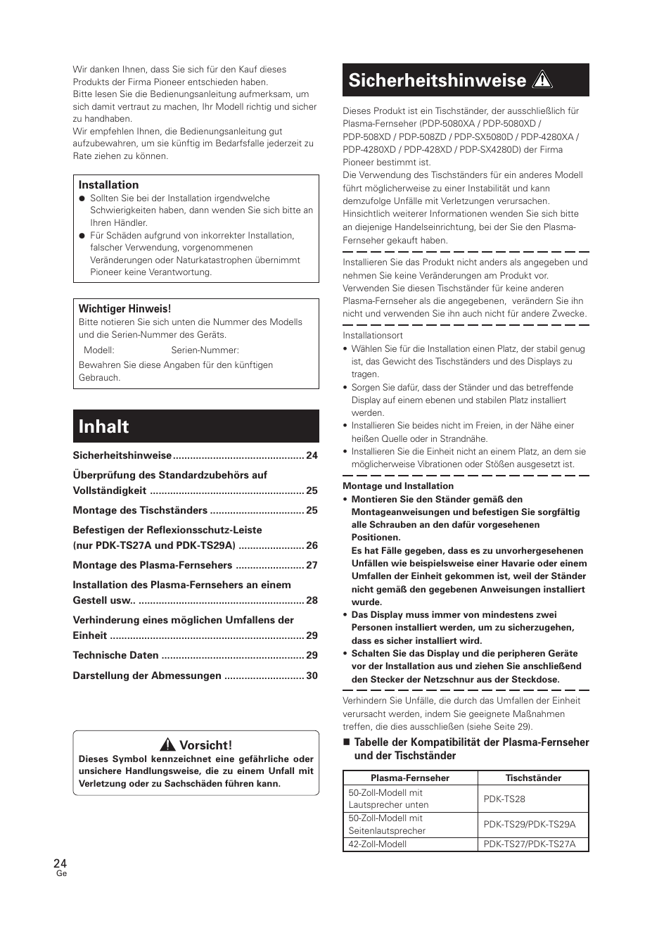 Bedienungsanleitung, Tischständer, Inhalt | Sicherheitshinweise | Pioneer PDK-TS27 User Manual | Page 24 / 64