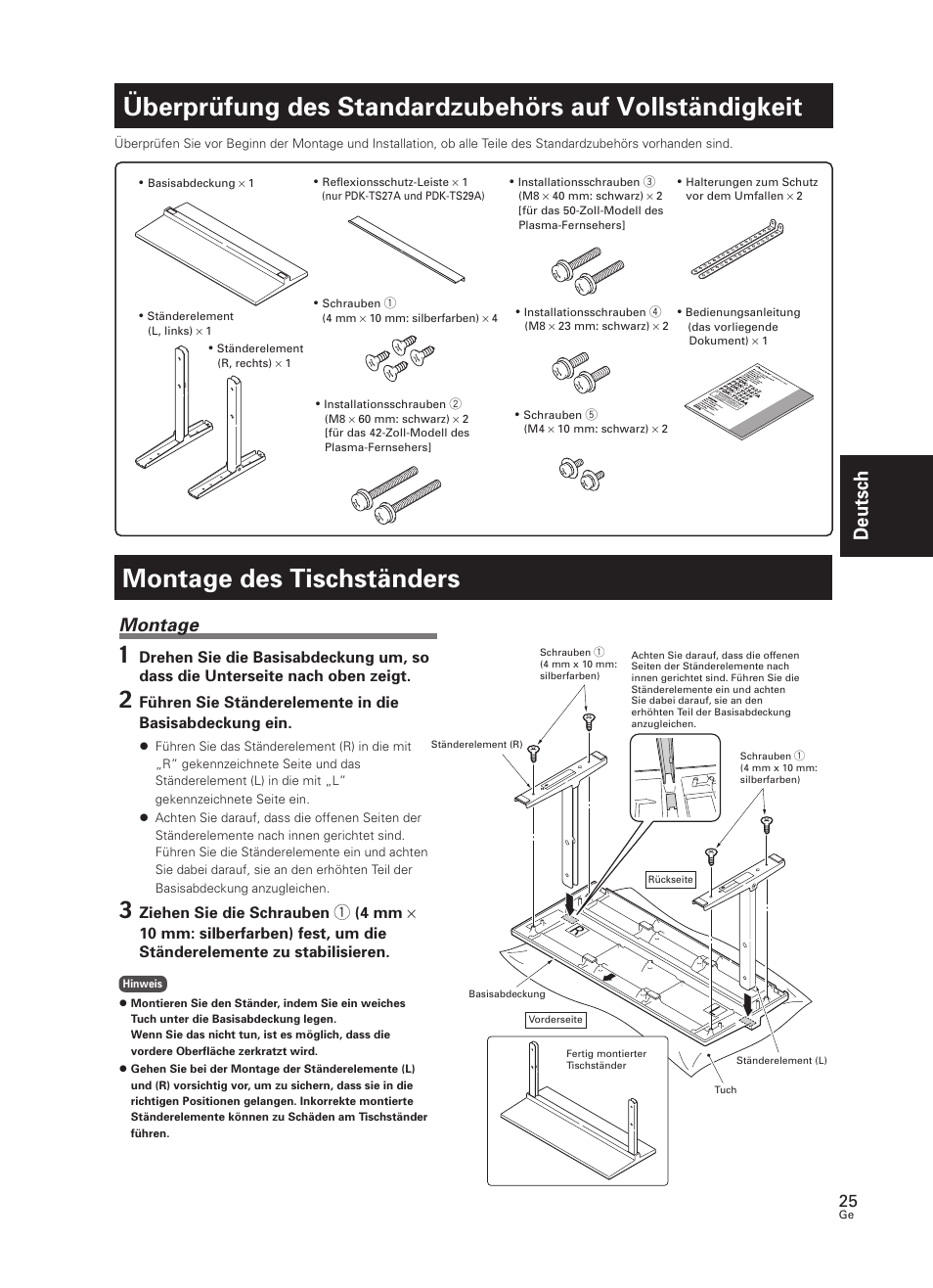 Überprüfung des standardzubehörs auf, Vollständigkeit, Montage des tischständers | Deutsch, Montage | Pioneer PDK-TS27 User Manual | Page 25 / 64